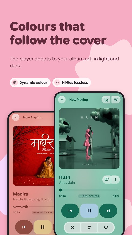 PixelMusic Now Playing screen with dynamic colours from album art