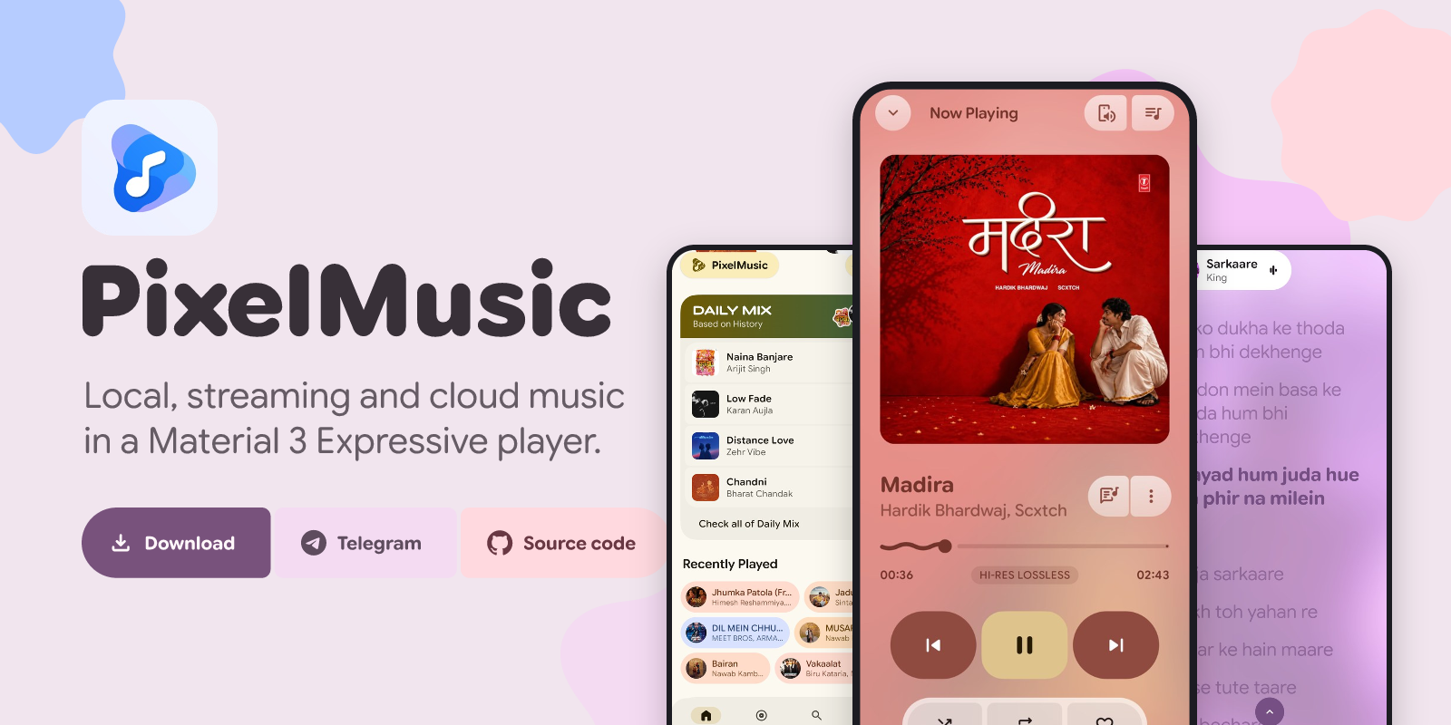 PixelMusic is an open source Android music player built with Material 3 Expressive. Stream YouTube Music, import Spotify playlists, play FLAC, ALAC and hi-res lossless audio, download for offline, 100% ad free.