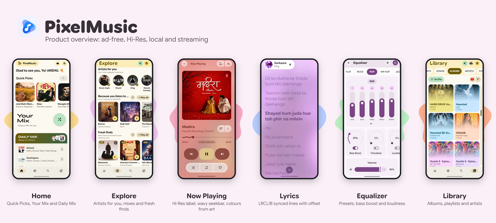 PixelMusic product overview: Home, Explore, Now Playing, Lyrics, Equalizer and Library