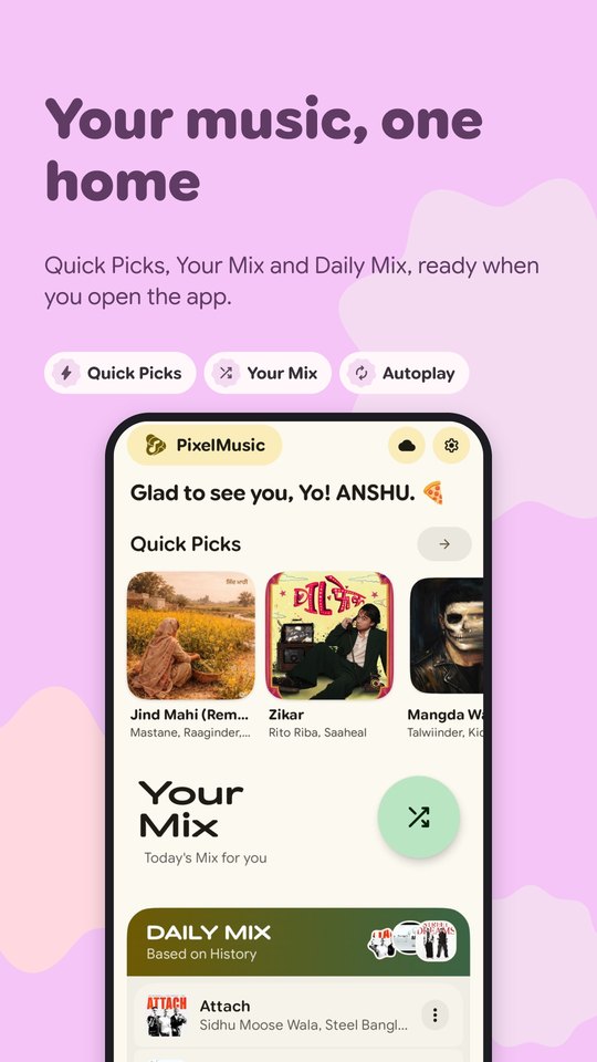 PixelMusic home screen with Quick Picks, Your Mix and Daily Mix