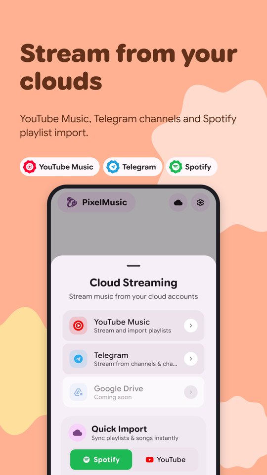 PixelMusic cloud streaming for YouTube Music, Telegram and Spotify import