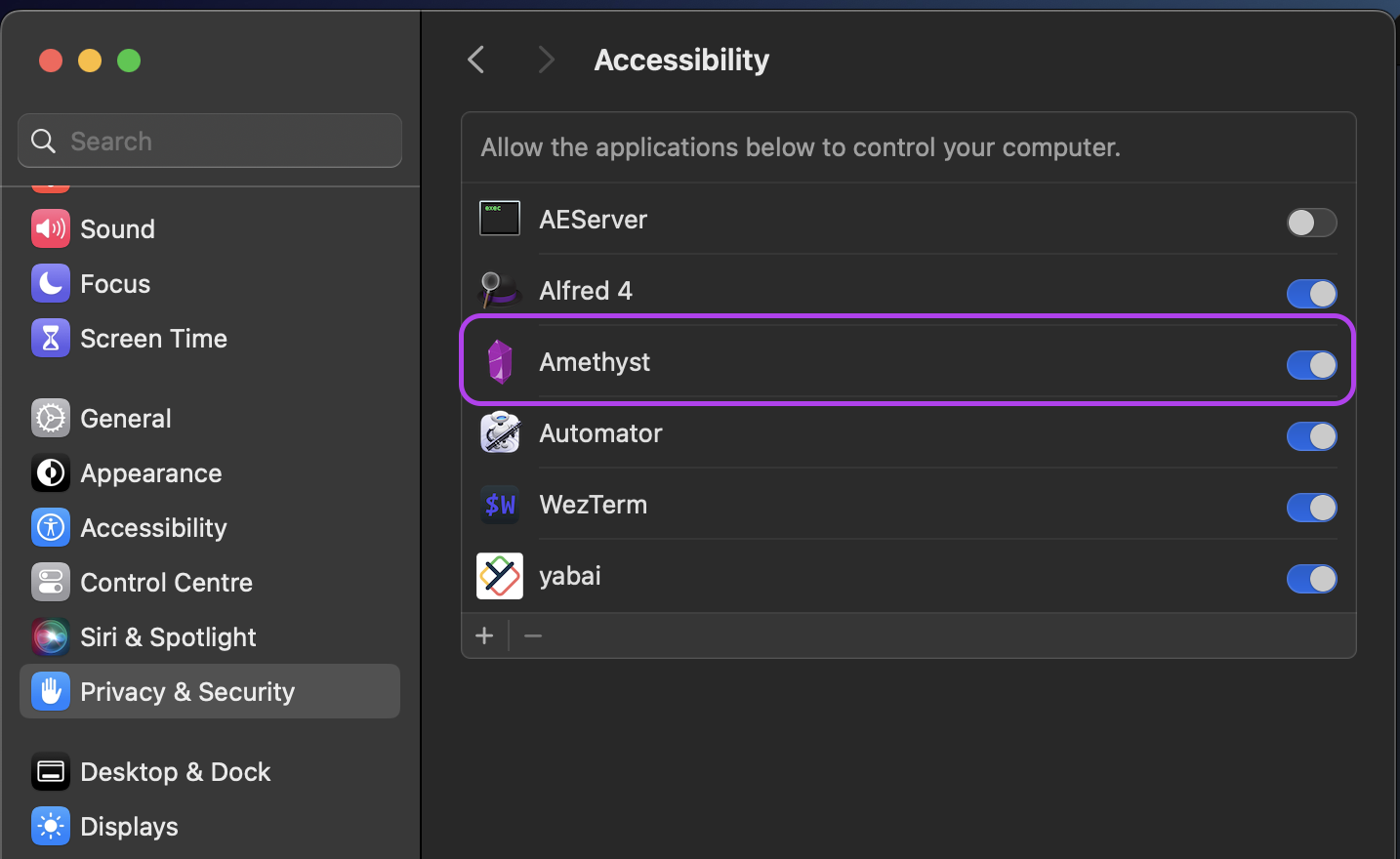 Give Accessibility permission to Amethyst under Privicay and Security.