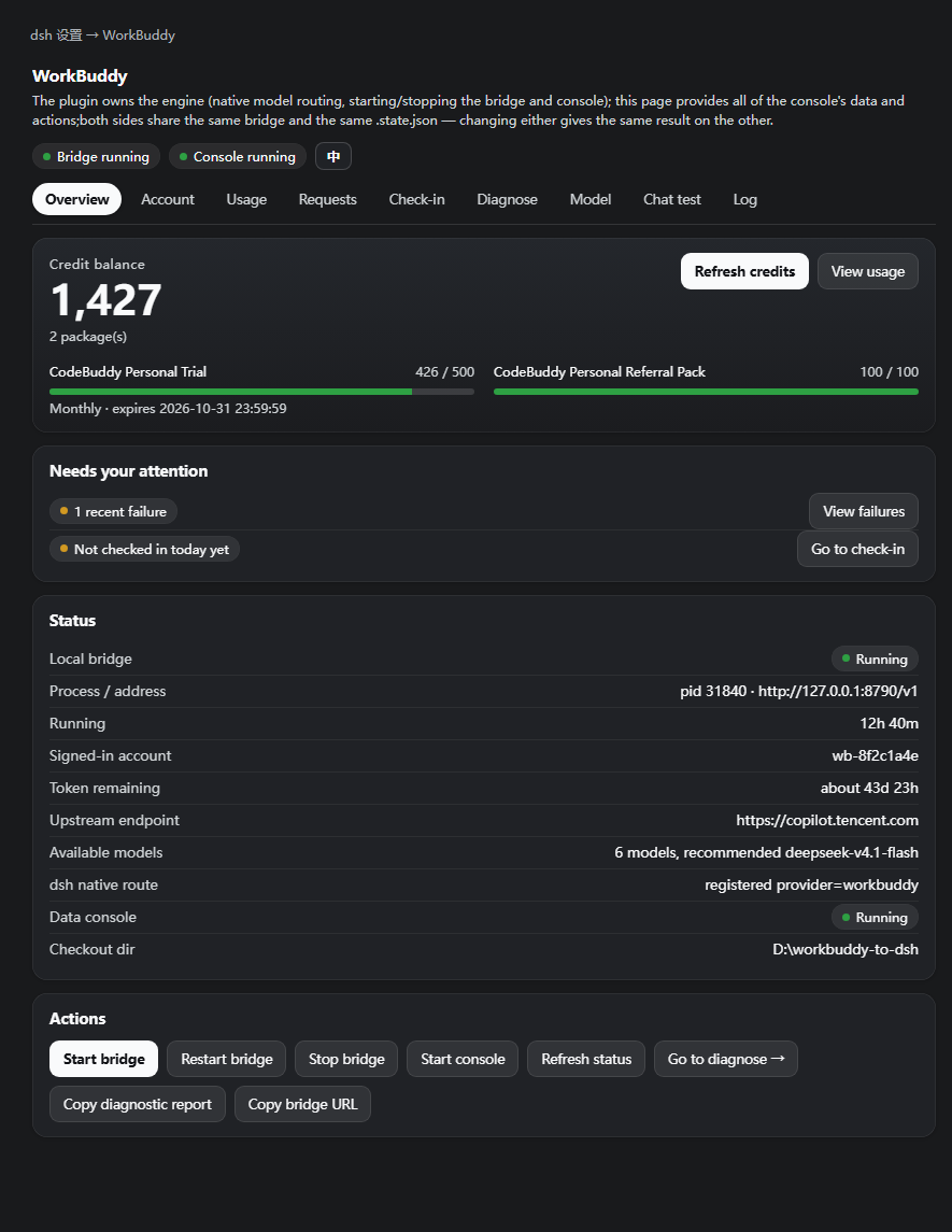 同一个设置页切到英文：Overview / Account / Usage / Requests / Check-in / Diagnose / Model / Chat test / Log 九个标签页，概览页显示 Credit balance、Needs your attention、Status 与 Actions