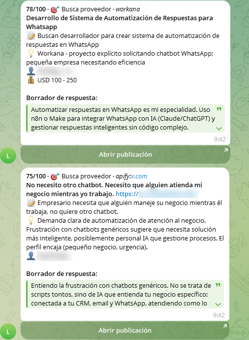 Notificaciones reales de LeadRadar en Telegram