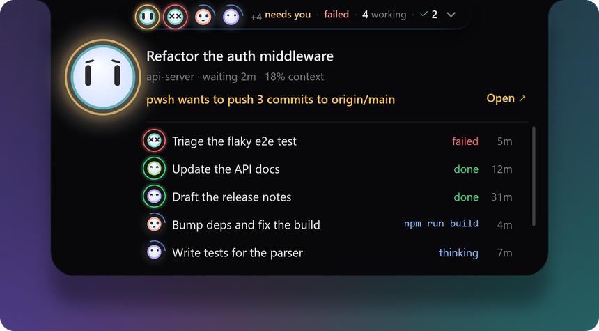 The unfolded board: the big bot and its session's title, project, age and context at the top, its current tool and step, and below it a scrolling list of every other session with a small bot, what it is doing and how long ago