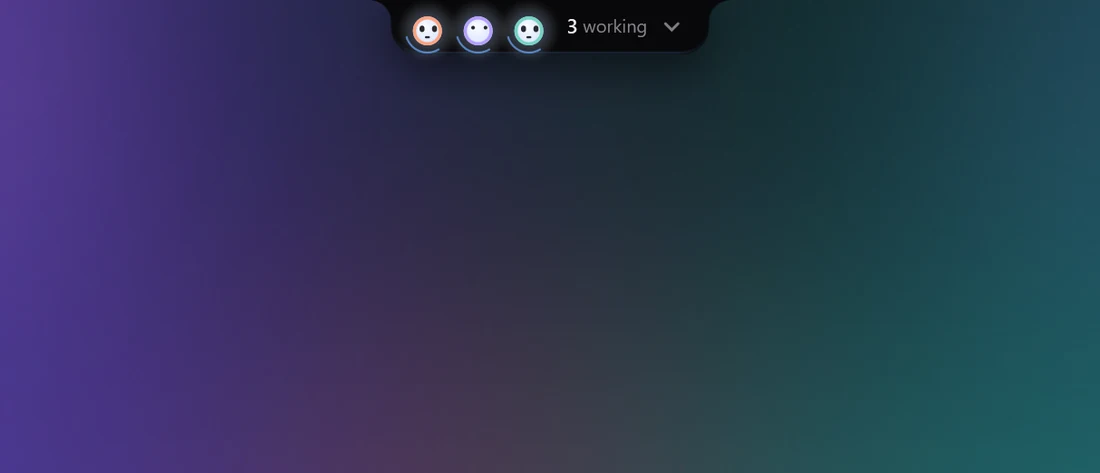 Three bots working while light runs along the tab; one stops on you and the tab grows into an alert with its reason and an Open button; the board unfolds on it; it goes back to work, the board folds, and it finishes — the tab shows a short 'done' notice