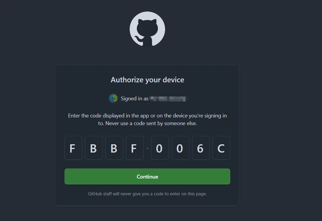 GitHub 设备授权页：输入代码后 Continue；SSO 组织账号须在下一步对组织 Authorize