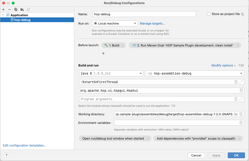 Application debug configuration