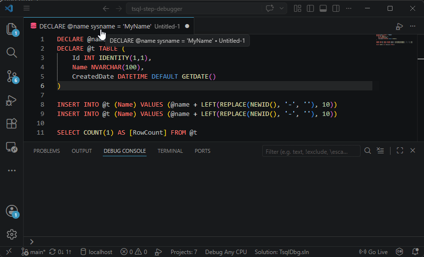 T-SQL Step Debugger in action