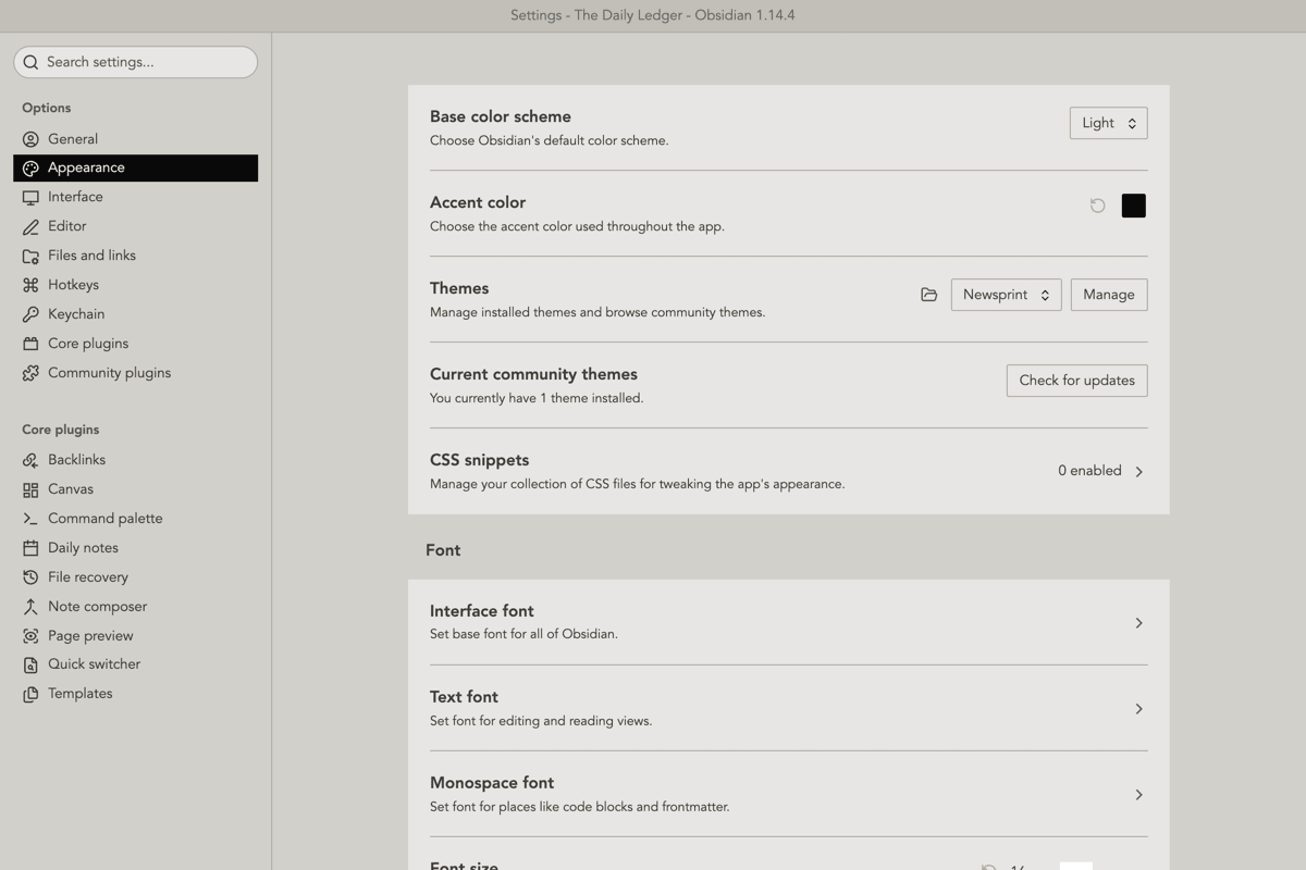 The Settings window in light mode