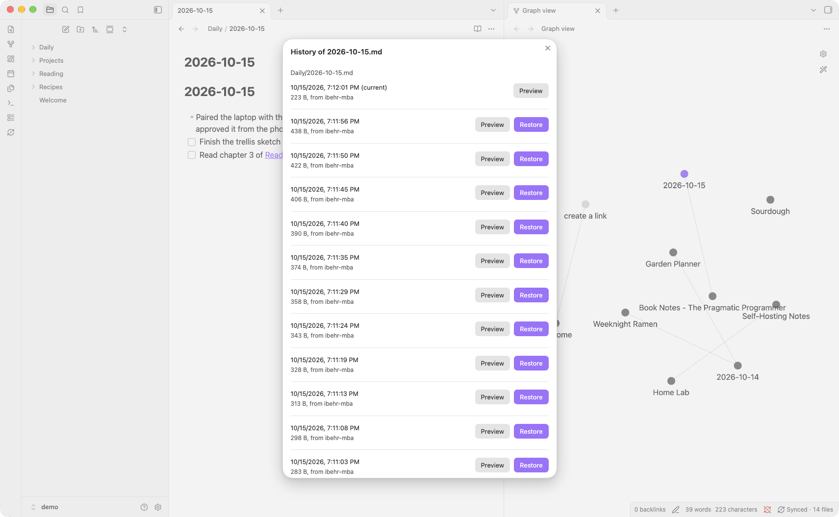 Vault Syncryption screenshot — The file history of a note