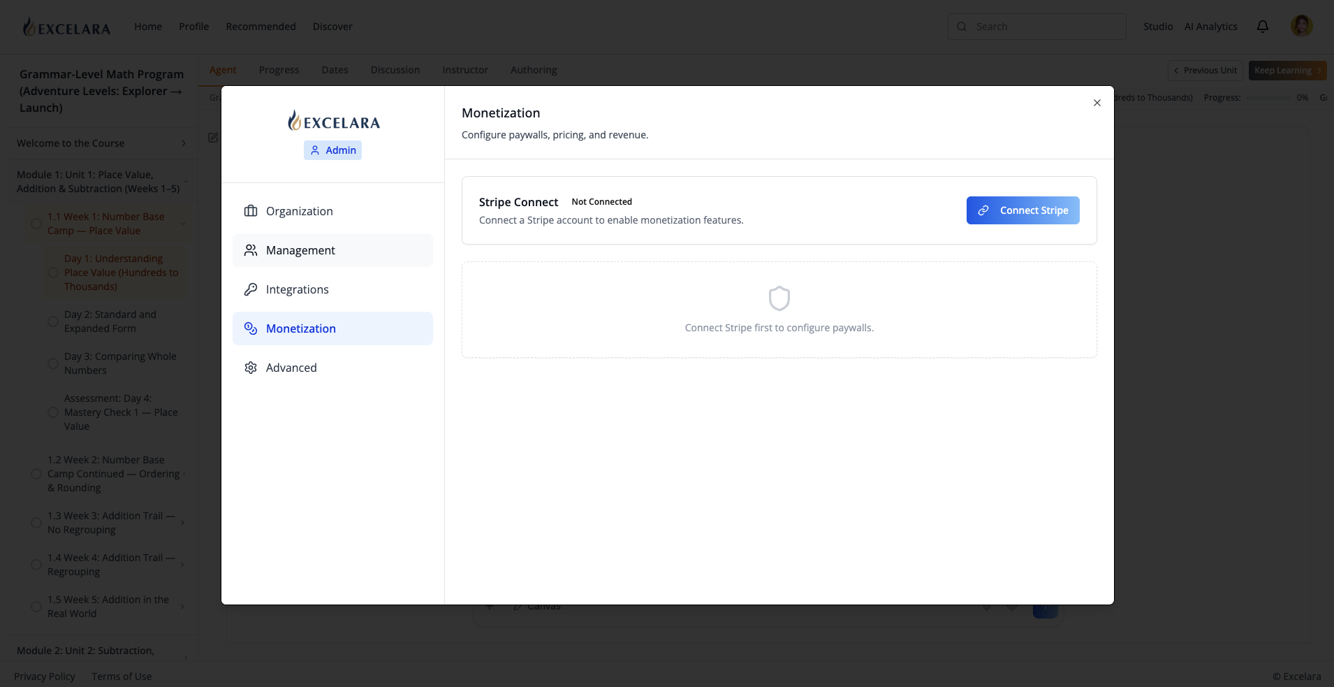 Monetization pane before Stripe Connect onboarding — dashed "Connect Stripe first" card