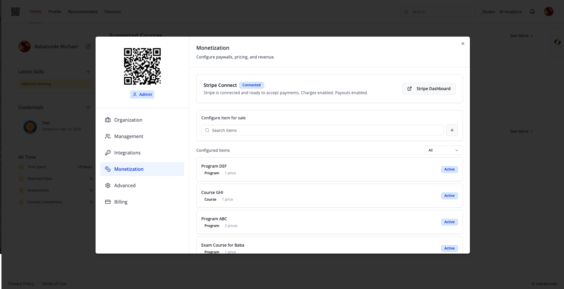Admin Monetization tab inside the Account page