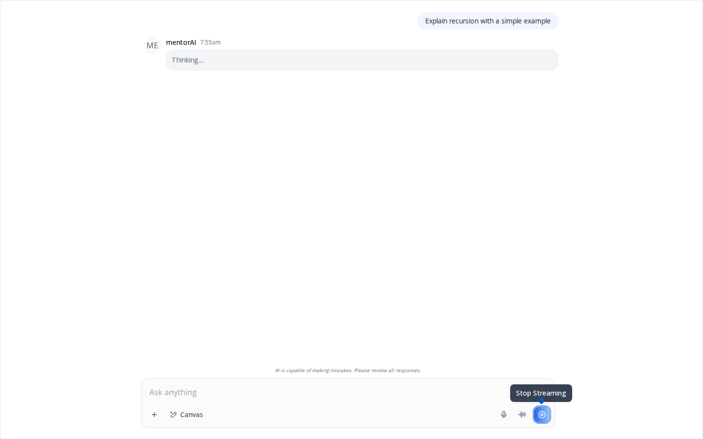 Message sent (Thinking… while the agent starts, Stop Streaming on the send button)