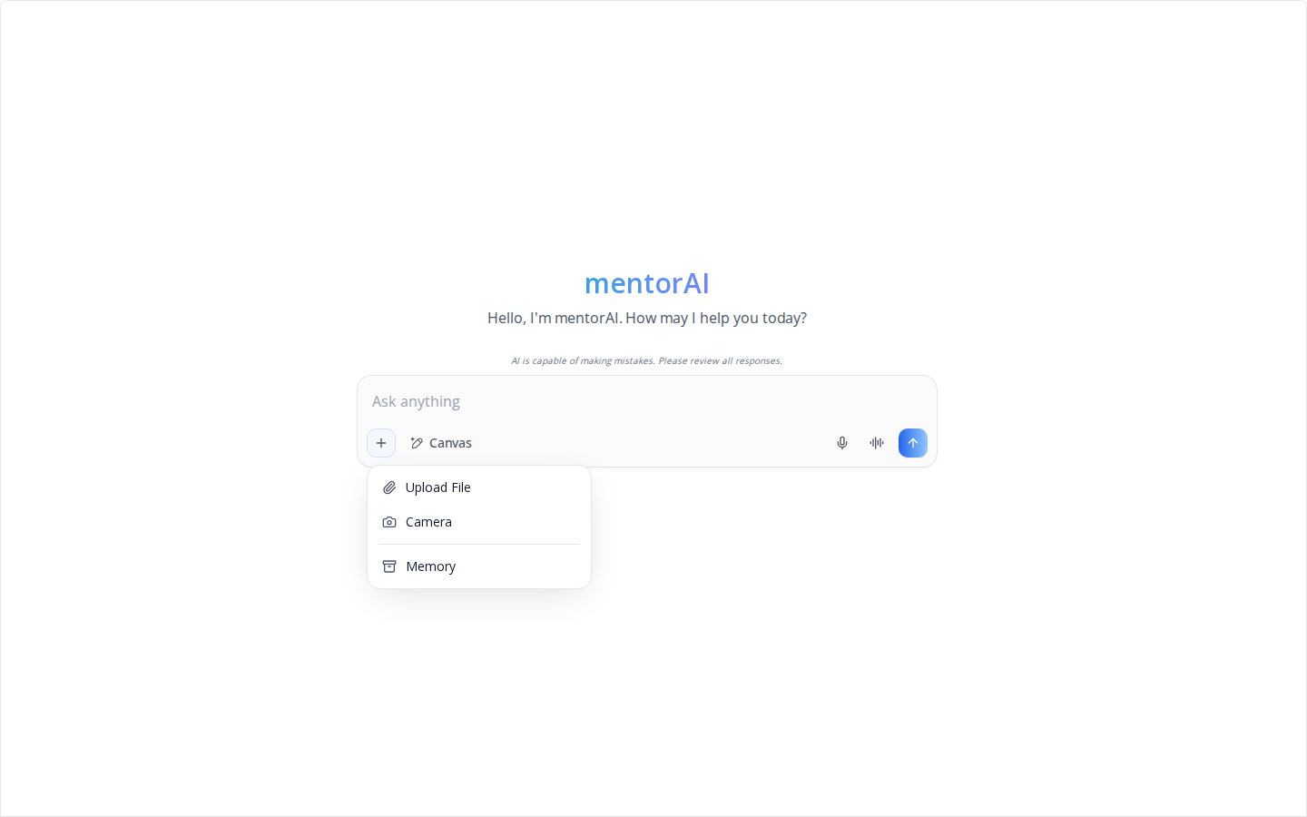 The + menu (Upload File, Camera, Memory)