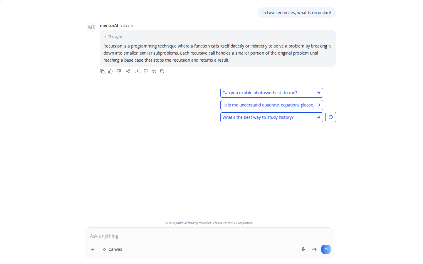 A finished answer (Thought section, message actions, suggested follow-up prompts)