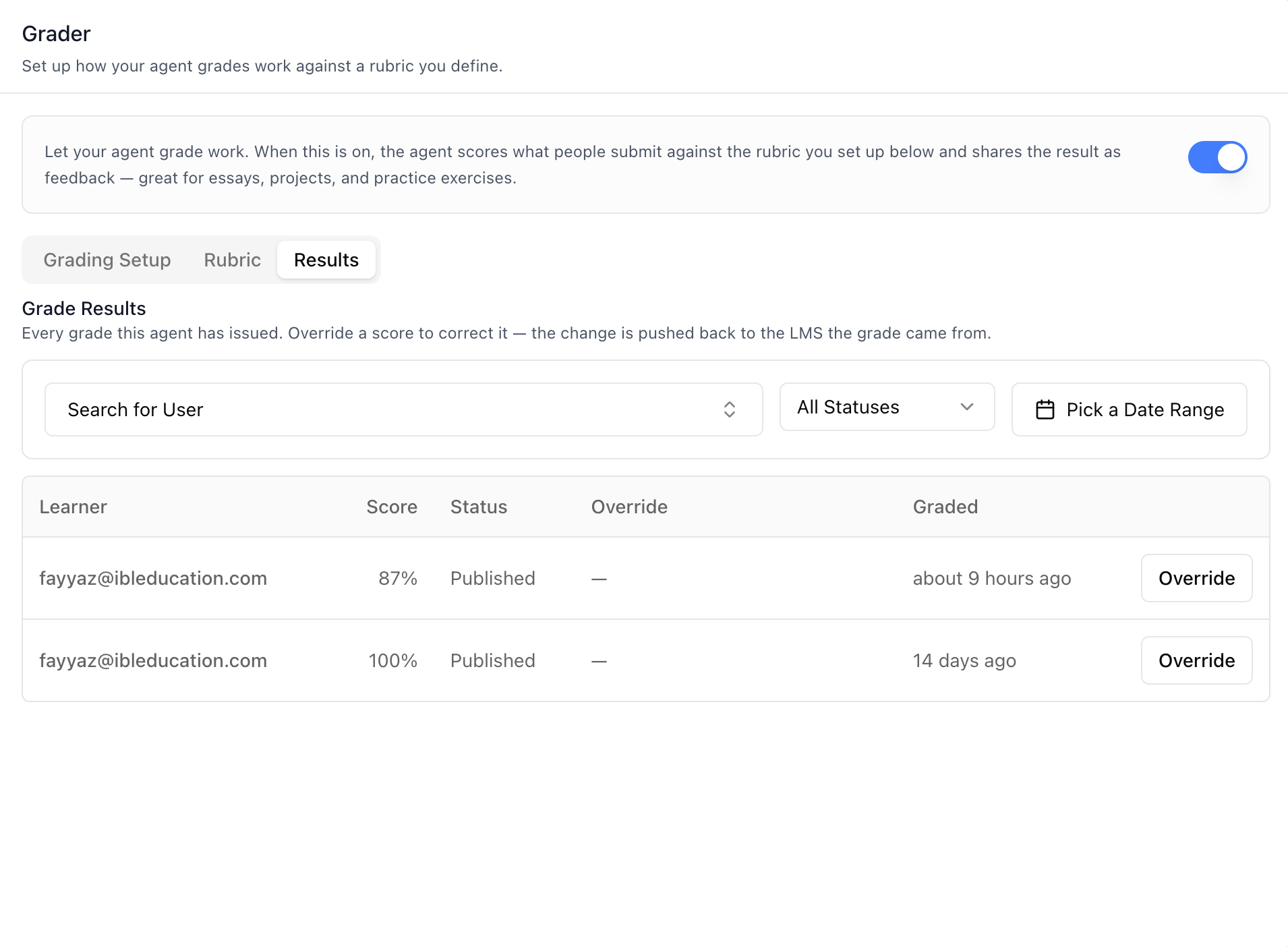 Grader Tab — Results