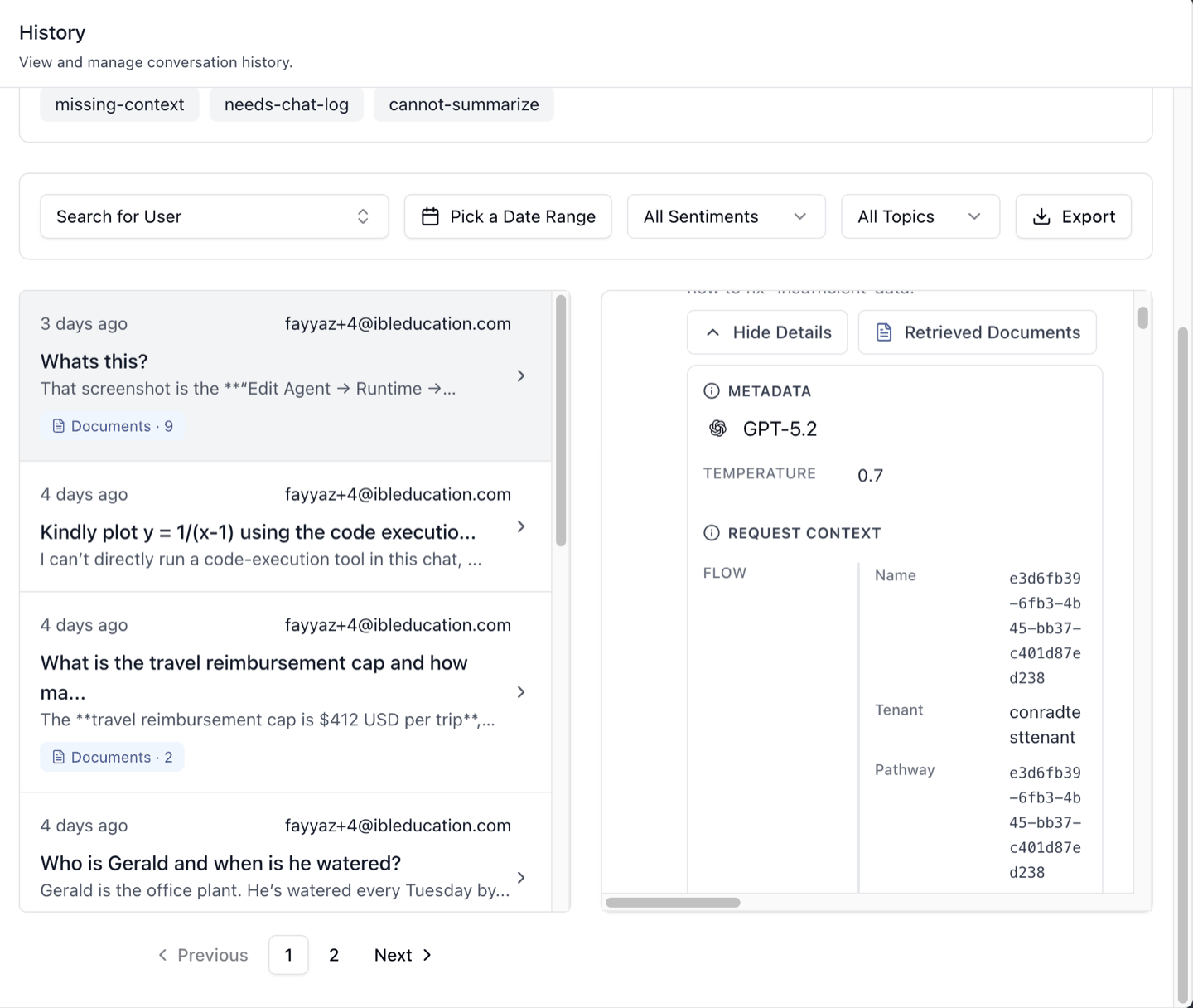 Transcript — Show Details open: tools, metadata (model, temperature), request context