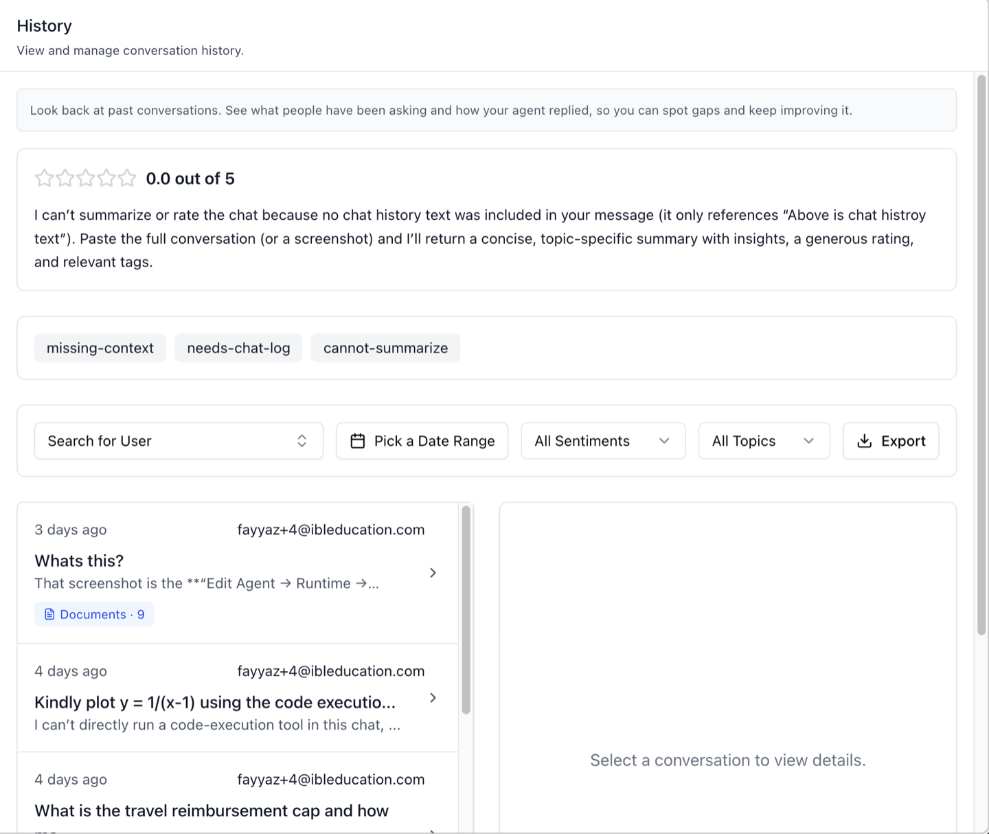 History Tab — conversation list with document and tool badges
