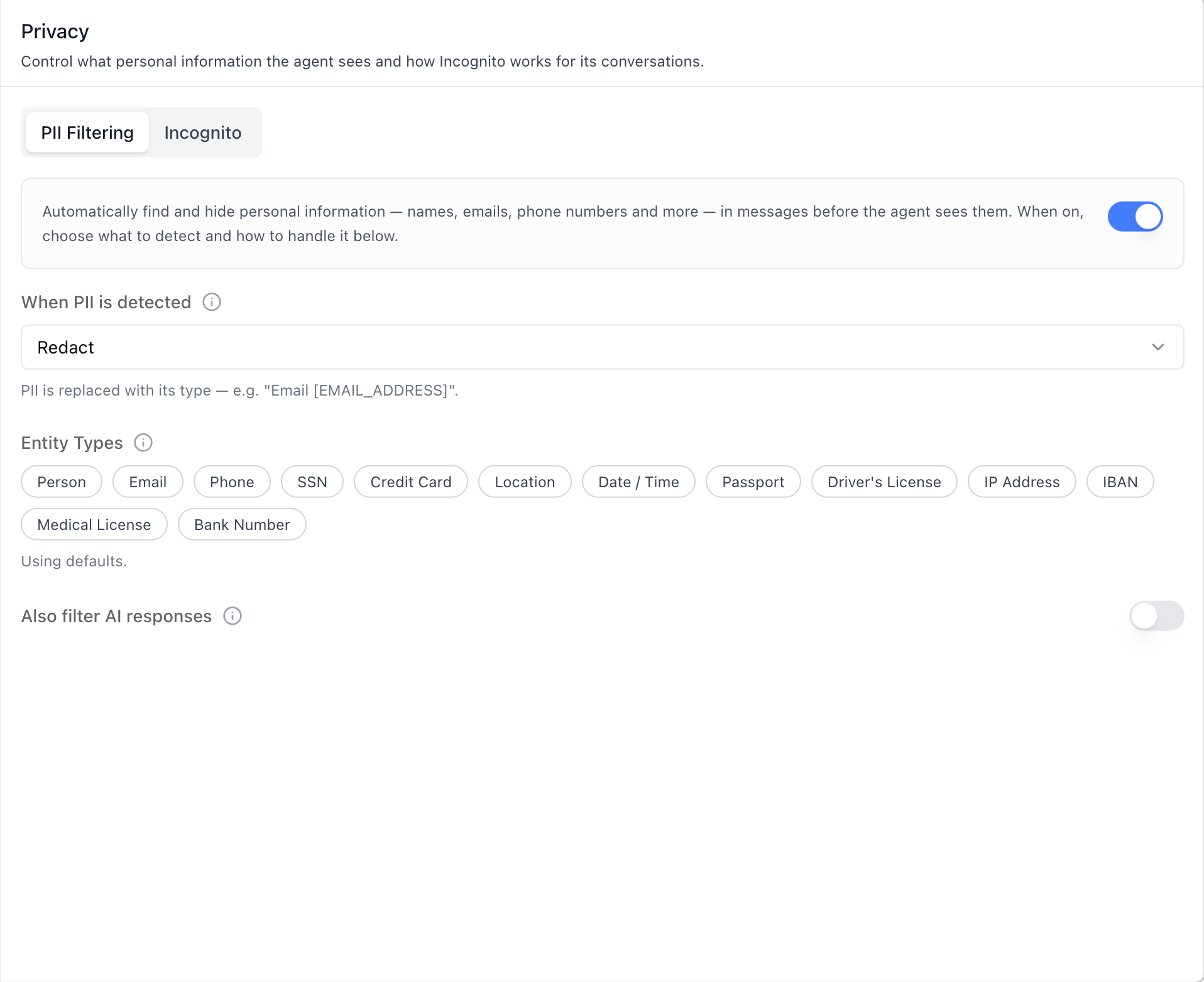 Privacy — PII Filtering sub-tab
