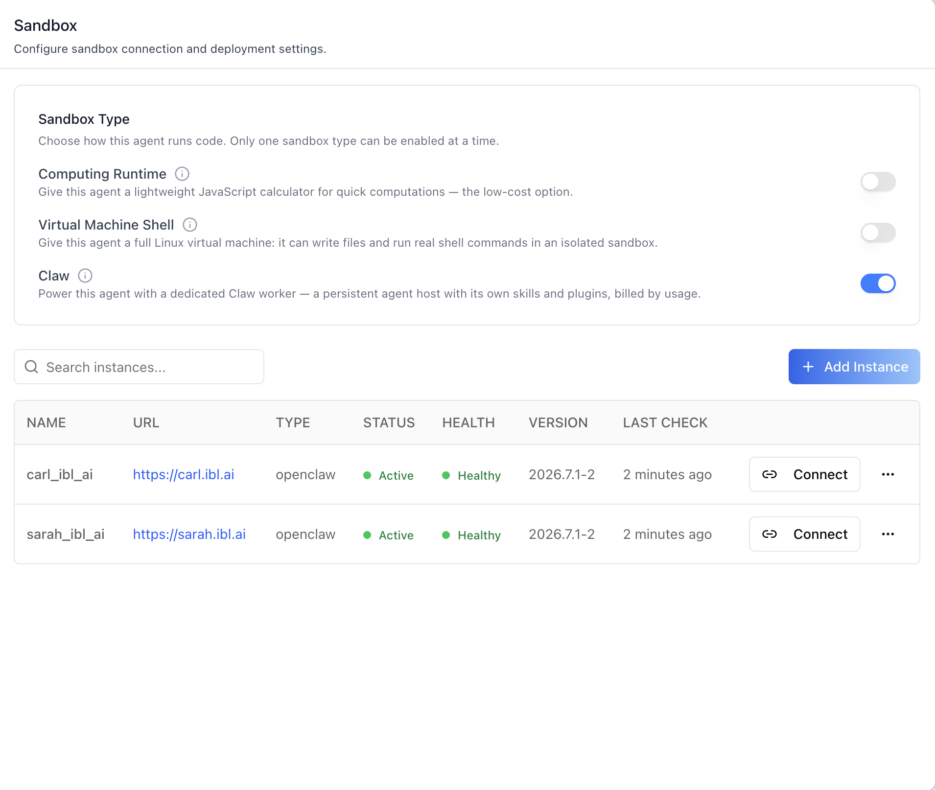 Sandbox — Claw selected, instances list