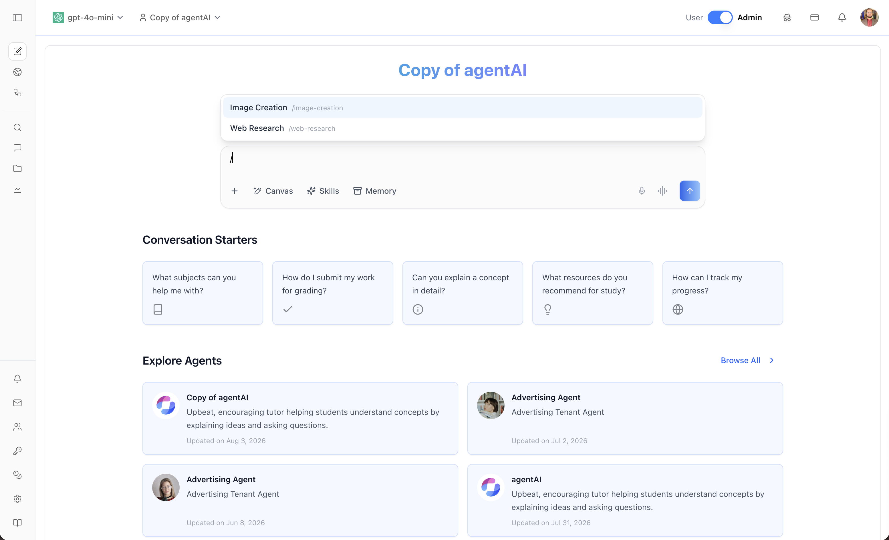 Chat page — `/` picker open above the composer