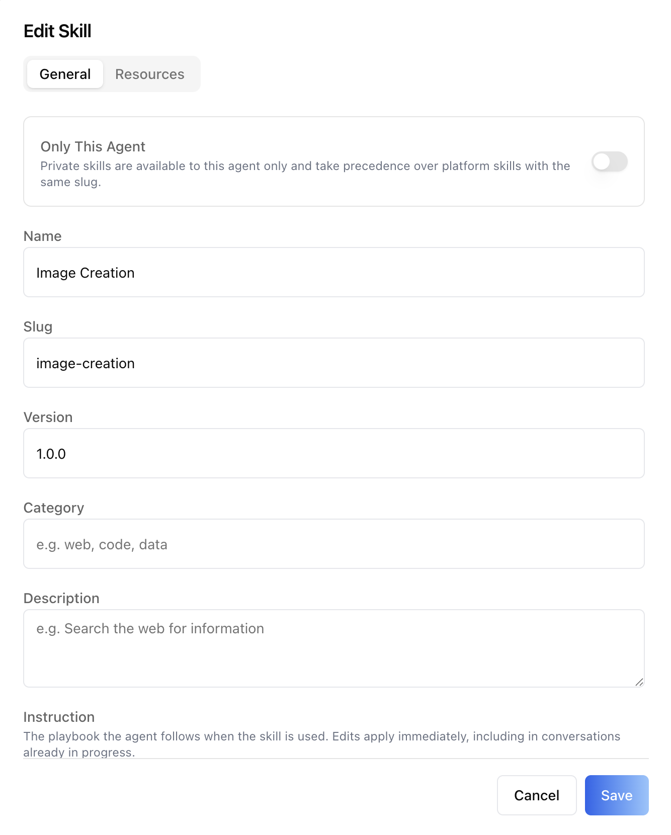 Edit Skill dialog — General tab