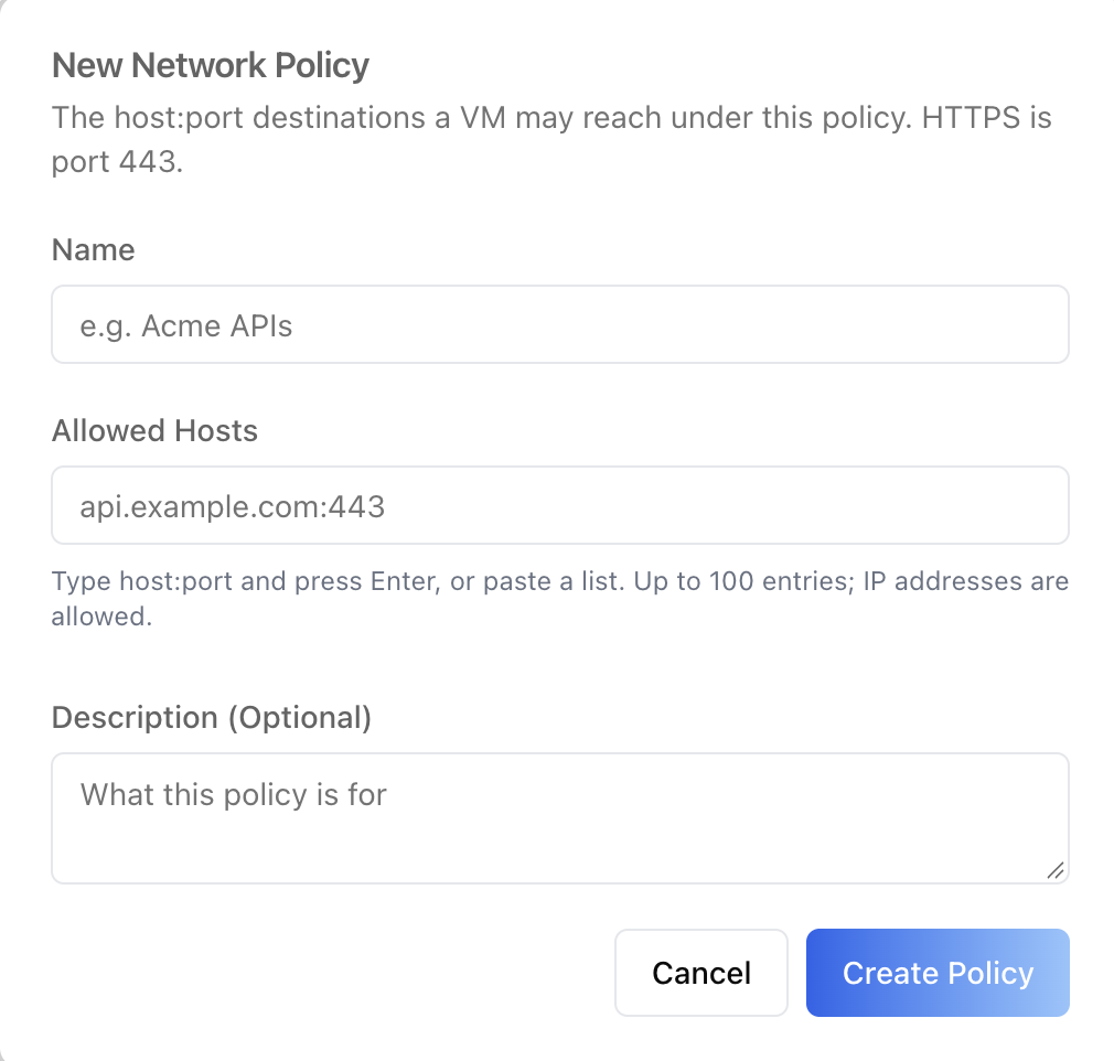 Create Policy — the New Network Policy dialog, opened in place