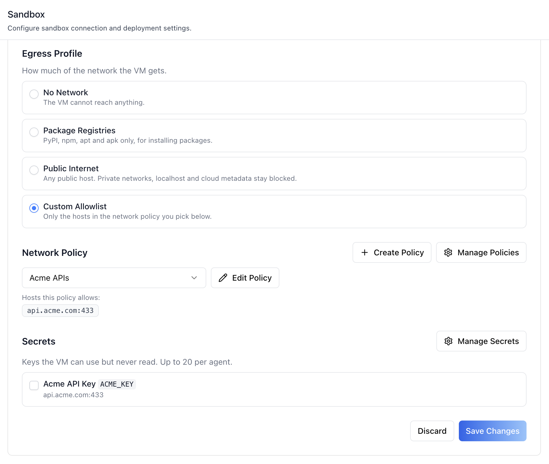 Network Access — Custom Allowlist with a policy and a secret bound