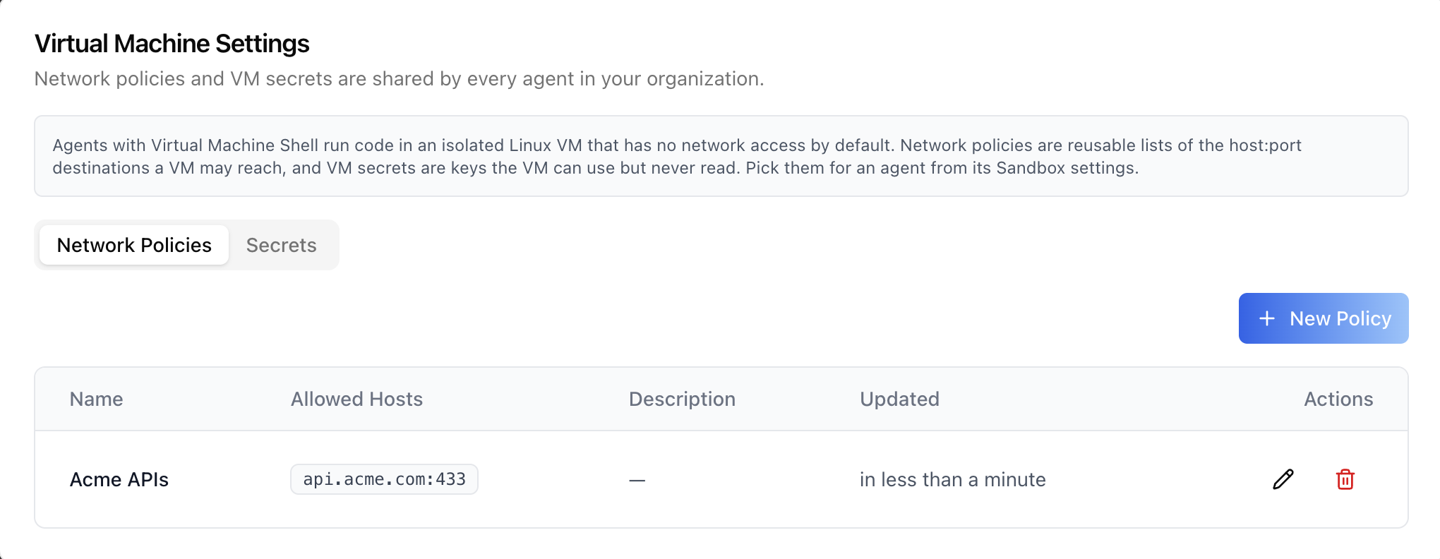 Manage Policies — the organization's Virtual Machine settings in a popup