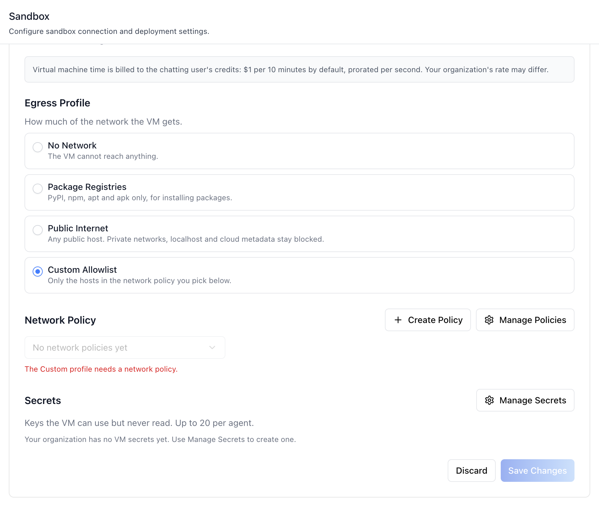 Network Access — Custom with no policy picked (Save blocked)