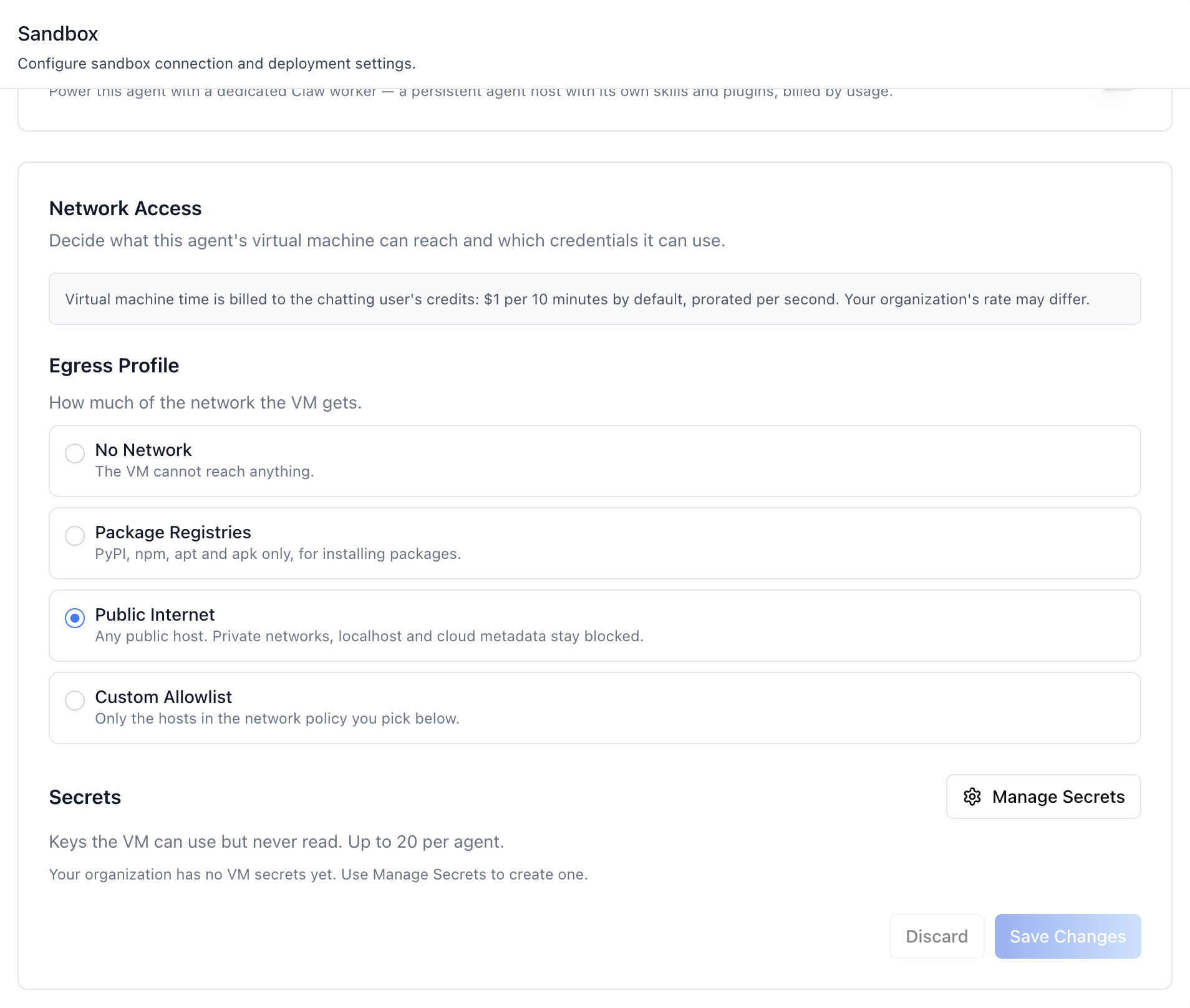 Network Access — Public Internet selected