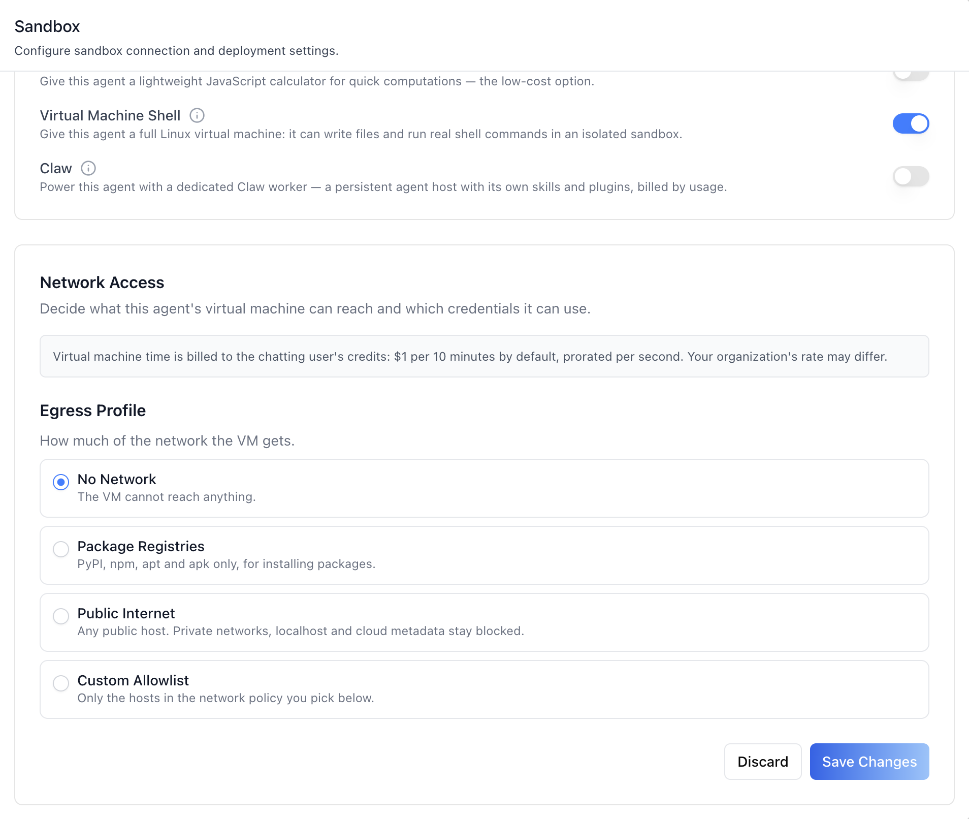 Network Access — Virtual Machine Shell on, No Network