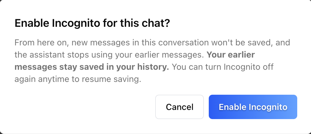 Mid-conversation — "Enable Incognito for this chat?"