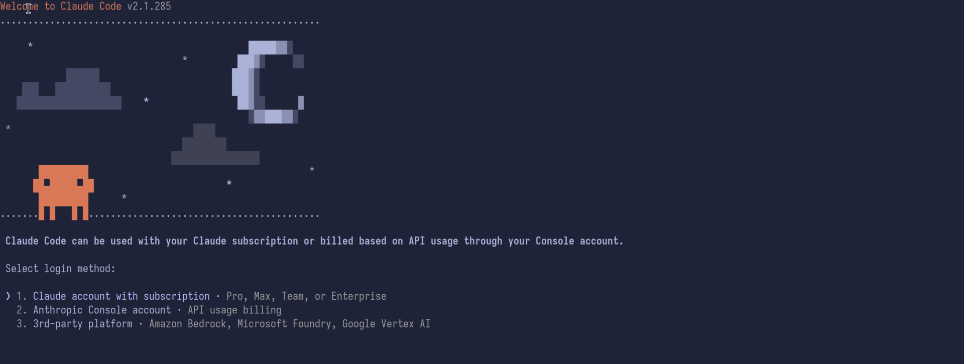 The Claude Code terminal welcome with "Select login method"