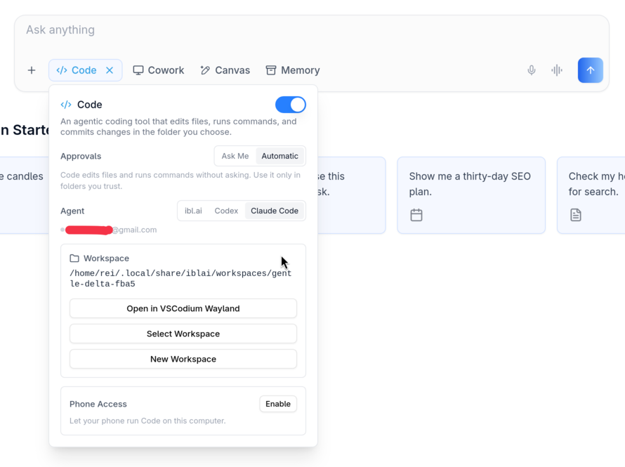 Agent set to Claude Code, signed in: a grey dot and the account's email