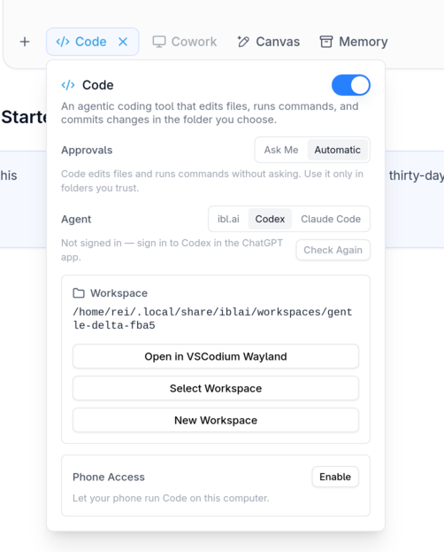 The Code panel under the chat box: the on/off switch, Approvals, the Agent choice (ibl.ai, Codex, Claude Code) with its sign-in line, the Workspace folder, and Phone Access