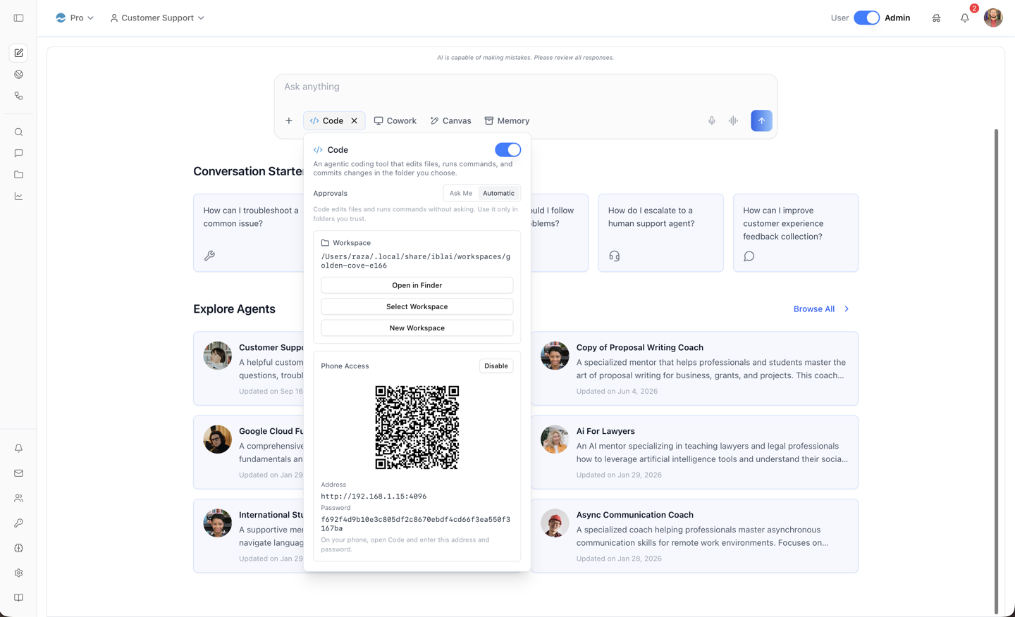 Desktop — the Code pill's popover: Approvals, Workspace (Open in Finder / Select / New), and Phone Access with the pairing QR, address, and password