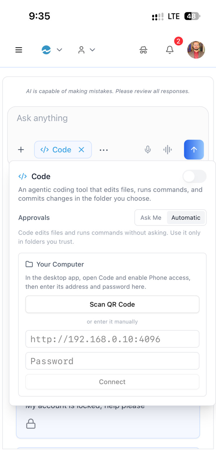 Phone, not yet paired — Your Computer: Scan QR Code or enter the desktop's address and password manually