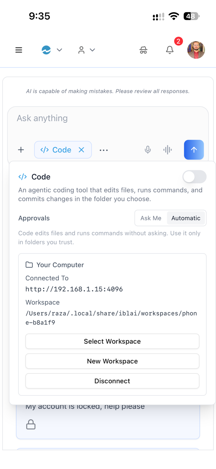 Phone, paired — Connected To the desktop, its workspace, Select / New Workspace, Disconnect