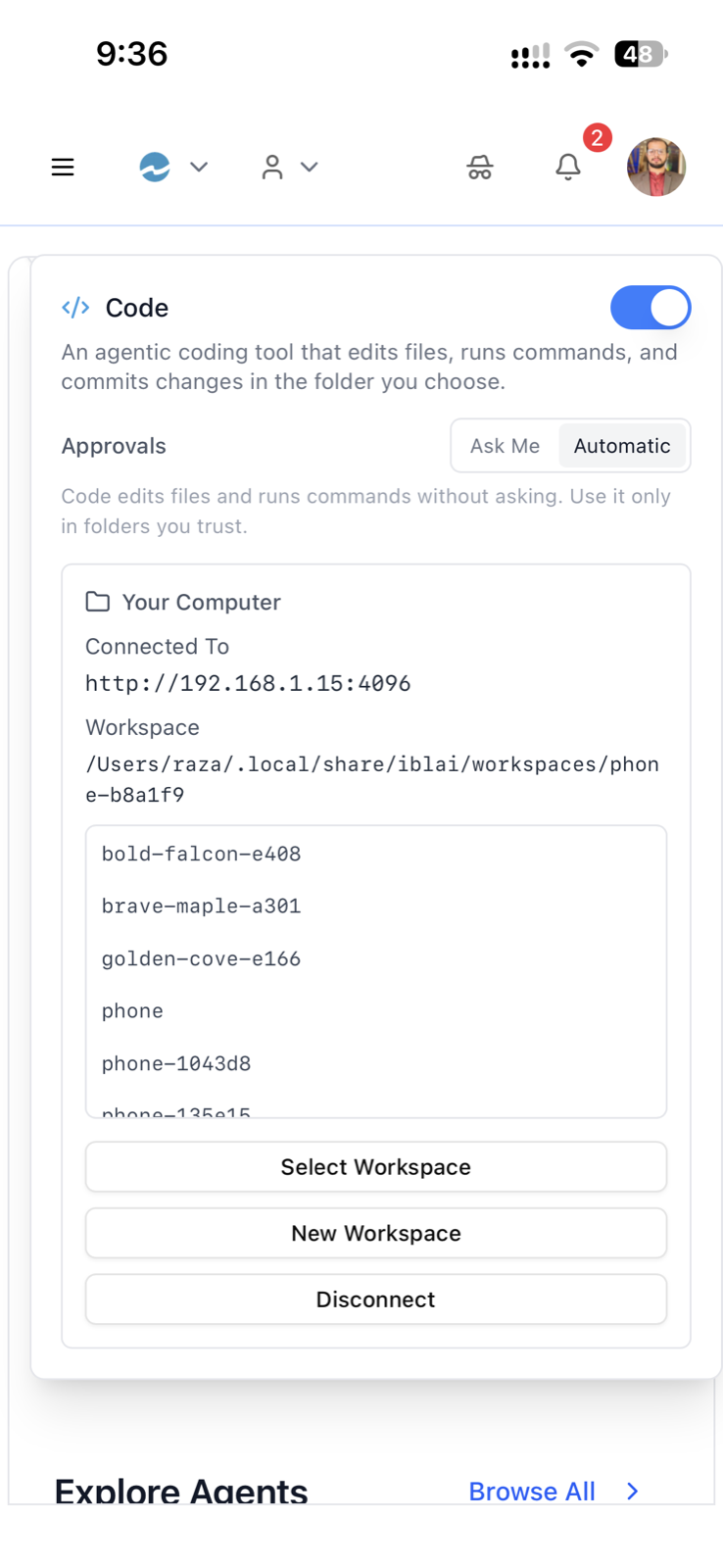 Phone, Code on — picking one of the desktop's workspaces