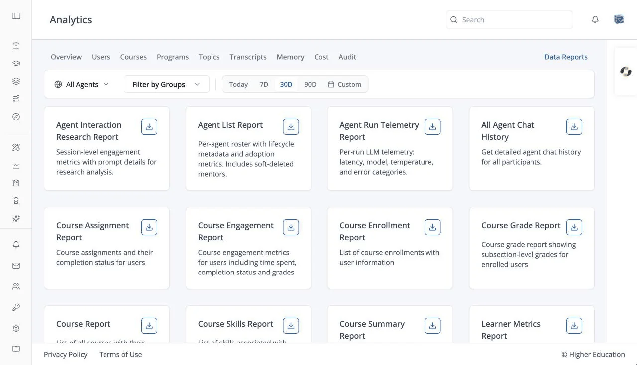 Analytics — Data Reports (one card per report, download button)