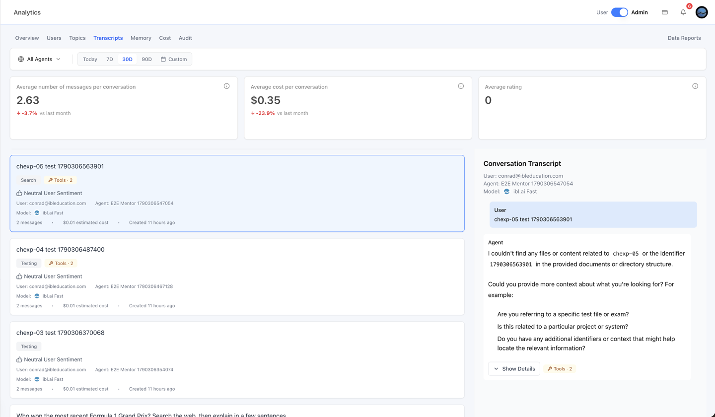 Analytics — Transcripts: conversation list and transcript panel