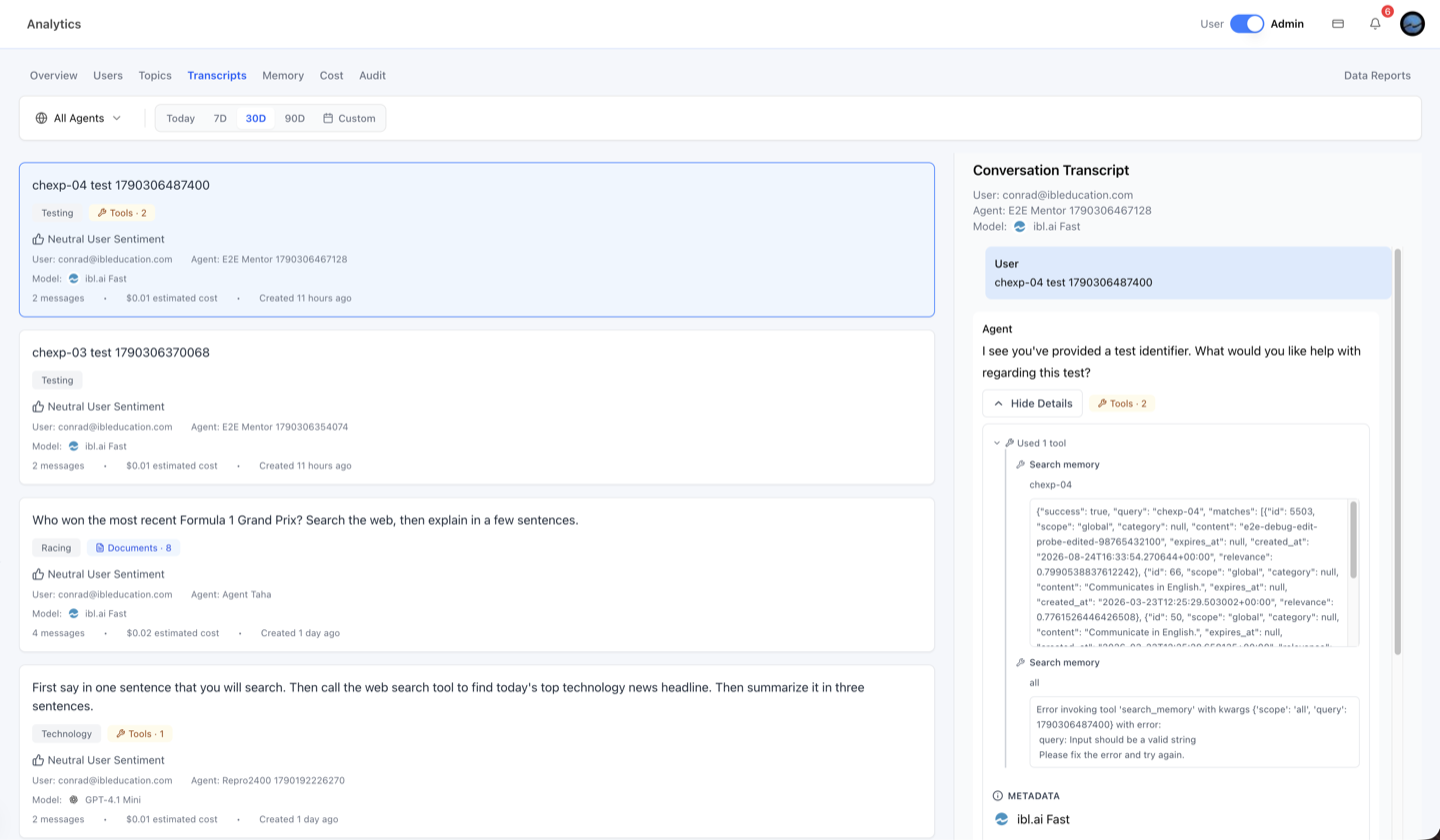 Analytics — Transcripts: a turn's details (tools, metadata, request context)