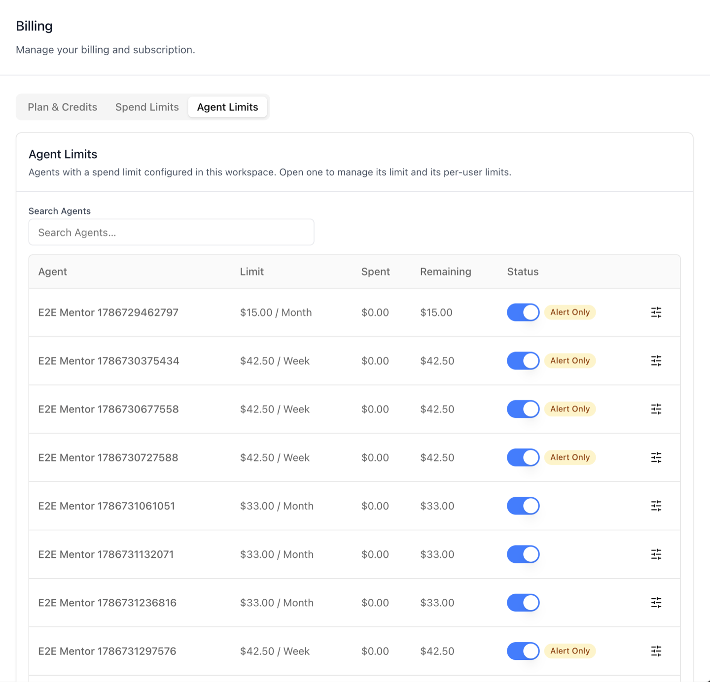 Billing — Agent Limits (every agent cap, status toggle + Alert Only badge, Manage)