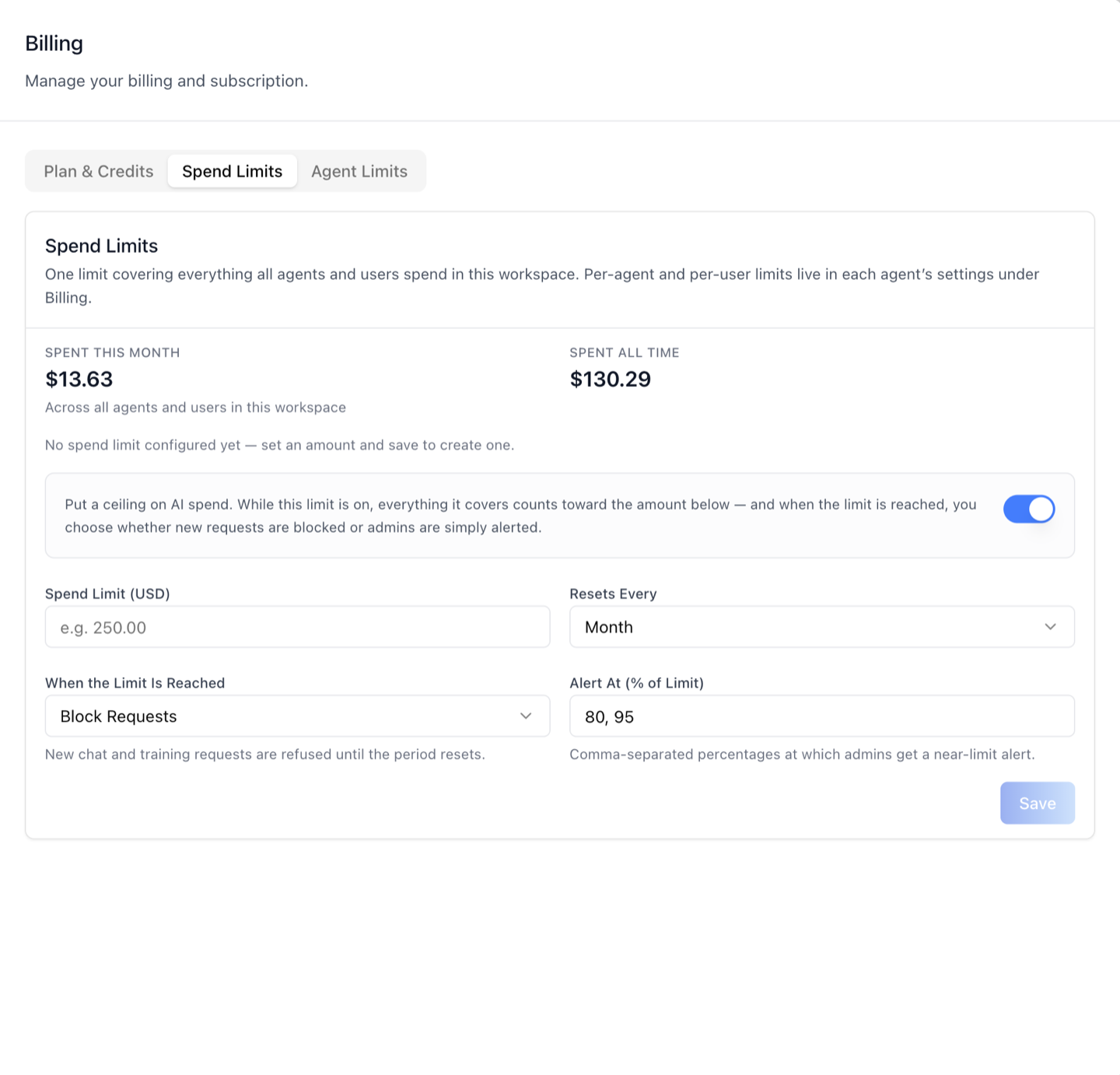 Billing — Spend Limits (one org-wide limit; actual spend shown before a cap exists)