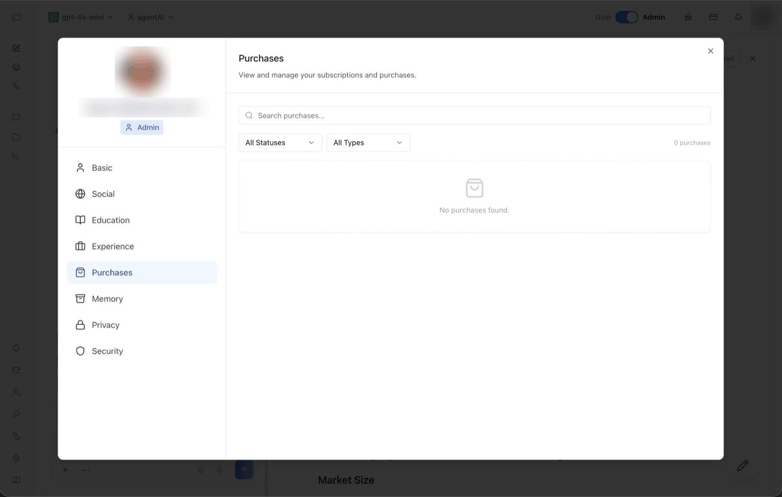 Profile βΊ Purchases β search, status and type filters, empty state