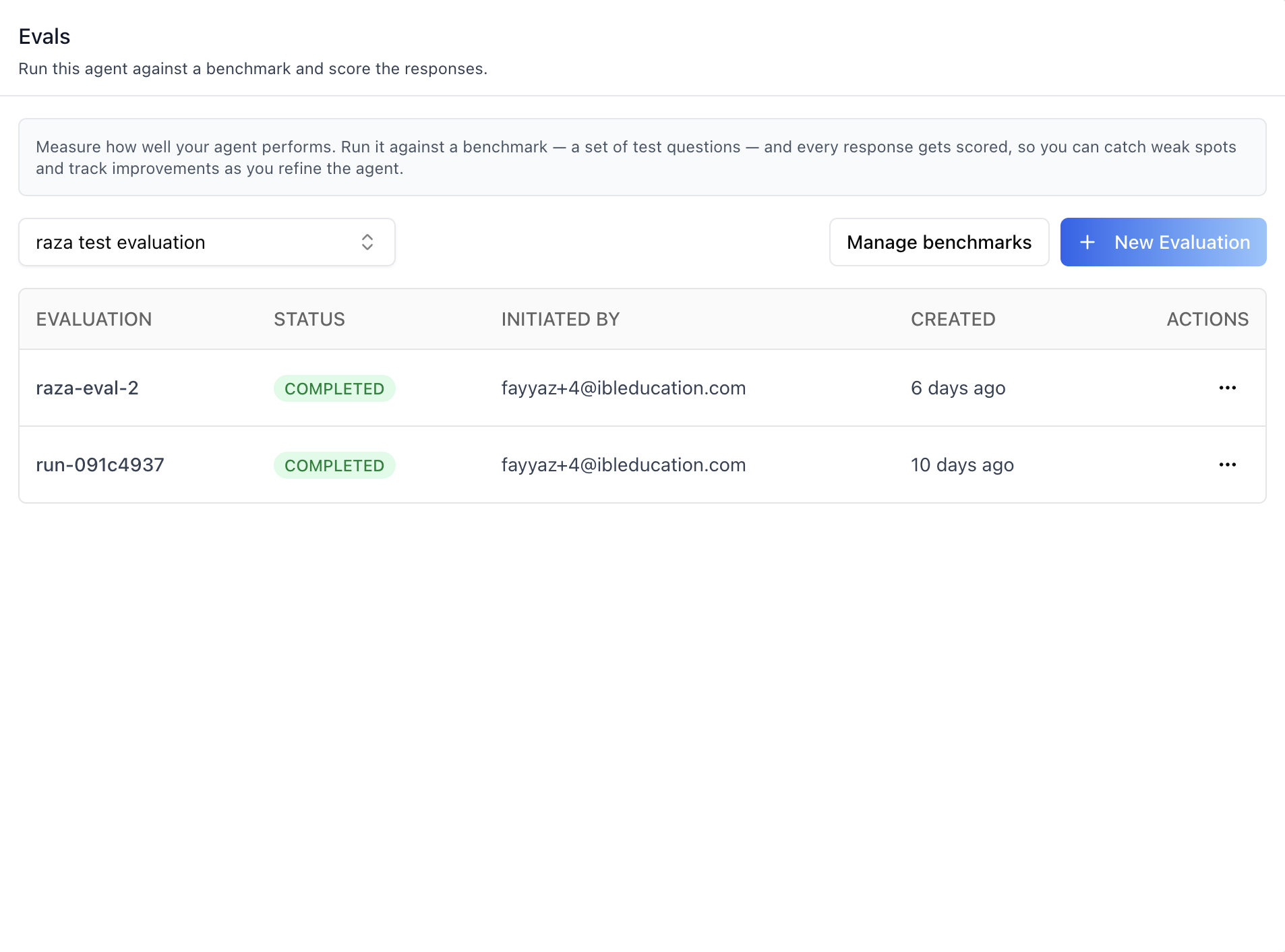 Evals tab with benchmark picker and evaluations table