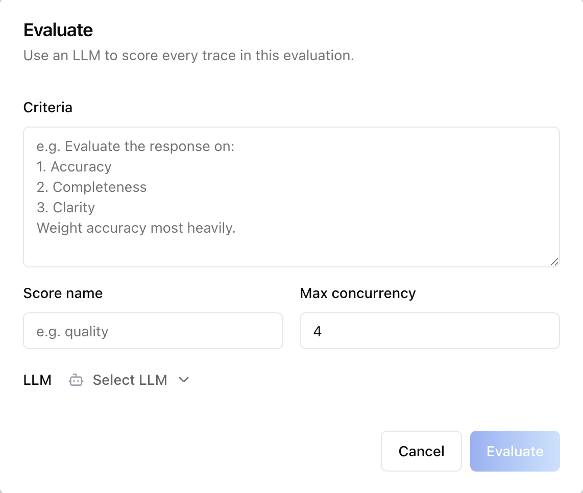 Evaluate modal (criteria, score name, concurrency, LLM)