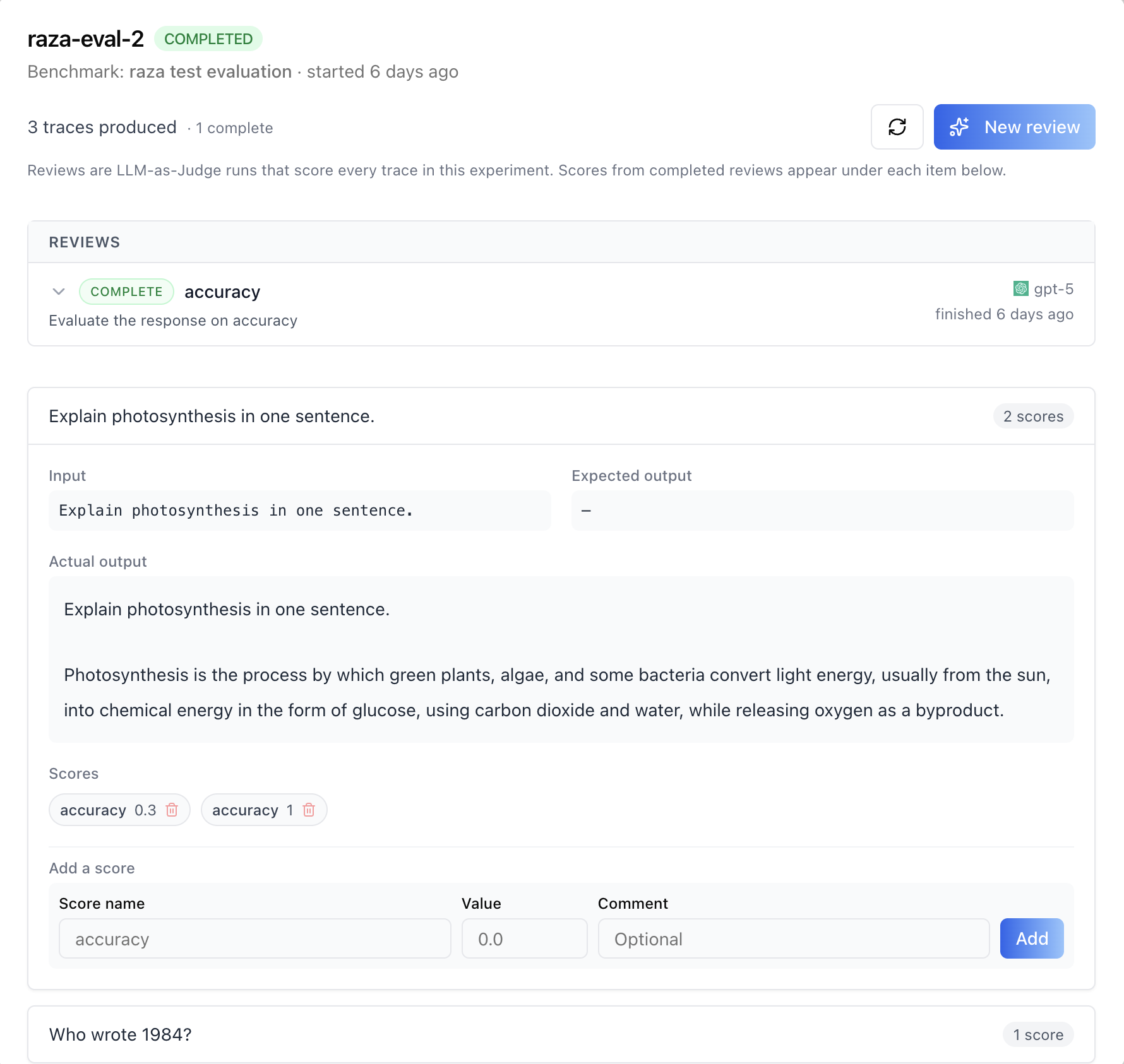 Results modal (traces, scores, reviews)